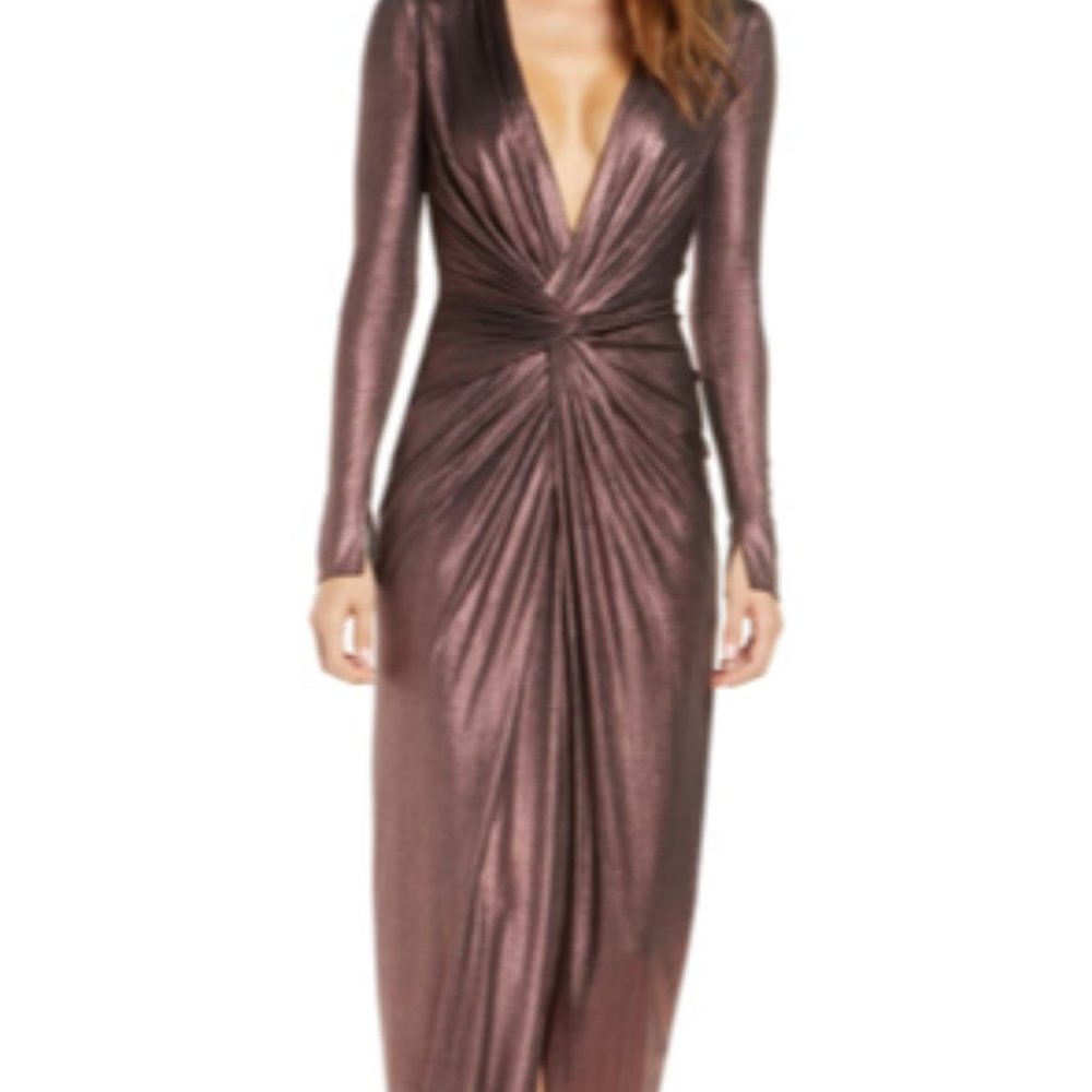 KATIE MAY In A Mood Metallic Plunging Long Sleeve Gown